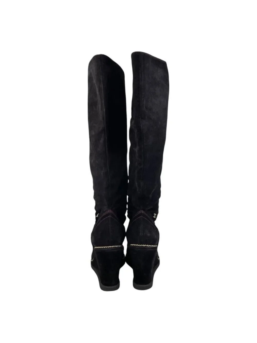 Chanel Long Boots CC Logo Chain Suede Black Gold 35.5